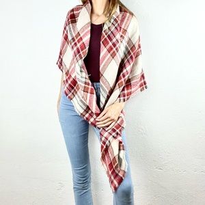 🧶Plaid Reds Cream Pale Blue Raw Hem Woven Boho Shawl Wrap Blanket Scarf